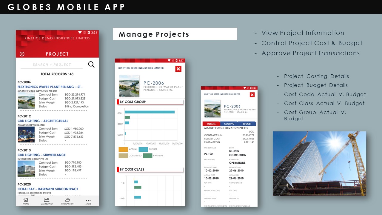Construction Industry - Mobile App Project Management | Globe3 ERP 