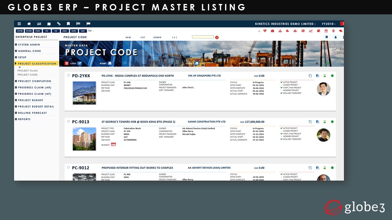 Construction Industry - Project Master Listing | Globe3 ERP 