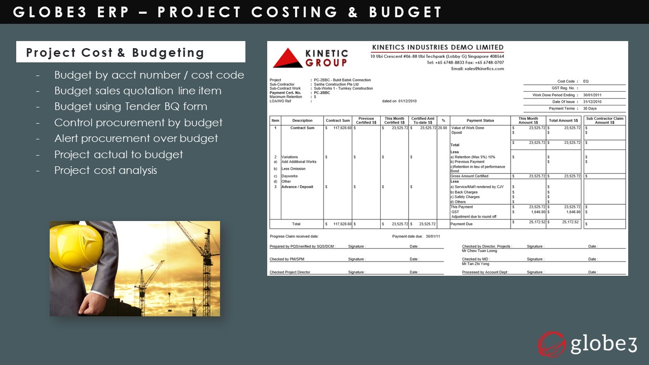 Construction Industry - Project budget and cost | Globe3 ERP 