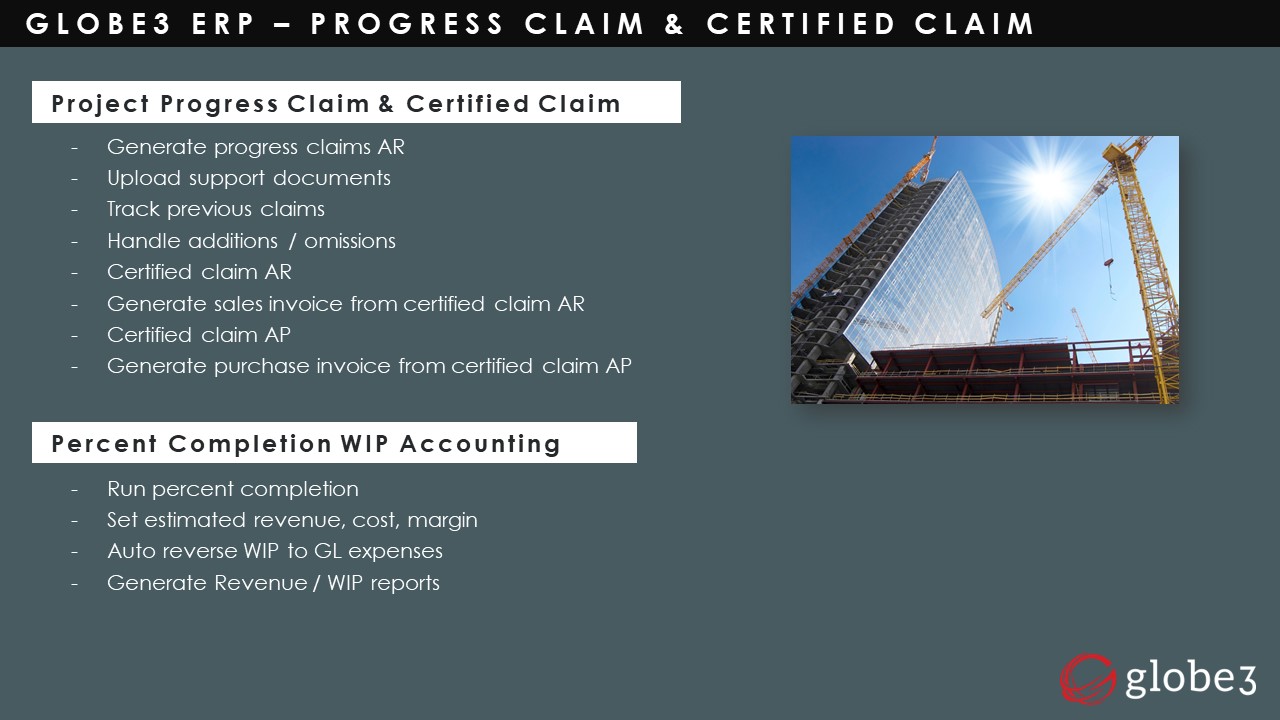 Construction Industry - Progress Claim and WIP Accounting | Globe3 ERP 